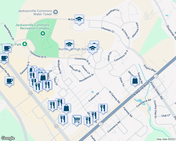 map of restaurants, bars, coffee shops, grocery stores, and more near 108 Durbin Lane in Jacksonville