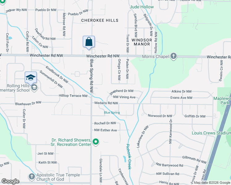 map of restaurants, bars, coffee shops, grocery stores, and more near 5036 Ortega Circle Northwest in Huntsville