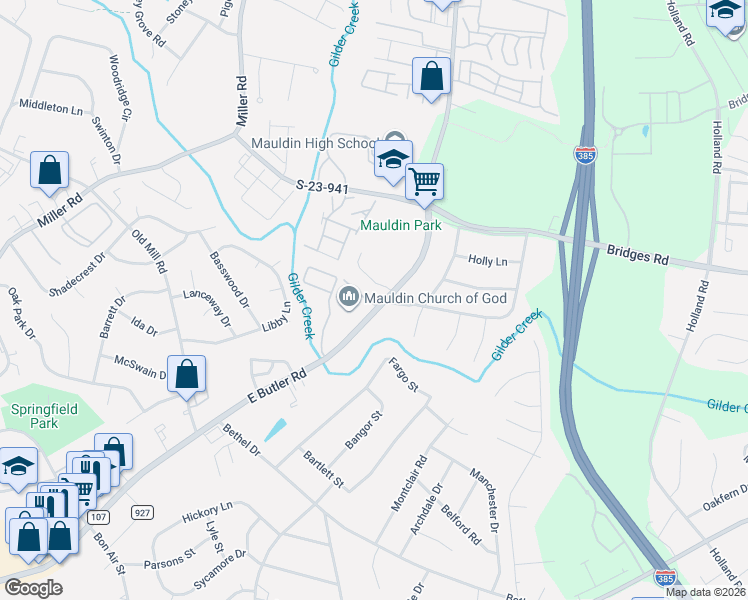 map of restaurants, bars, coffee shops, grocery stores, and more near 27 East Butler Road in Mauldin