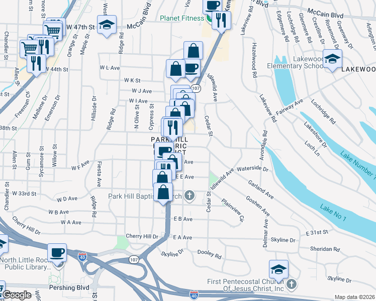 map of restaurants, bars, coffee shops, grocery stores, and more near 201 East G Avenue in North Little Rock