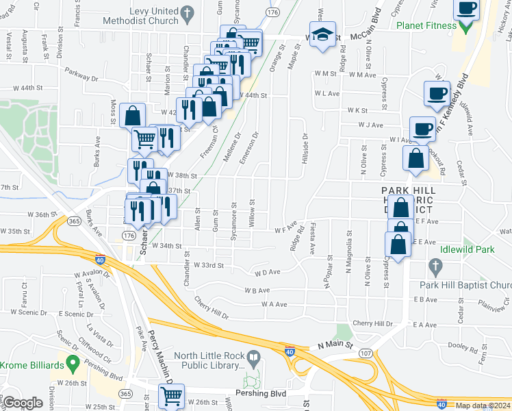 map of restaurants, bars, coffee shops, grocery stores, and more near 3604 Willow Street in North Little Rock