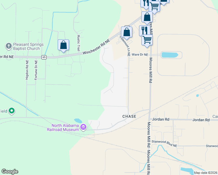 map of restaurants, bars, coffee shops, grocery stores, and more near 148 Santa Maria Drive Northeast in Huntsville