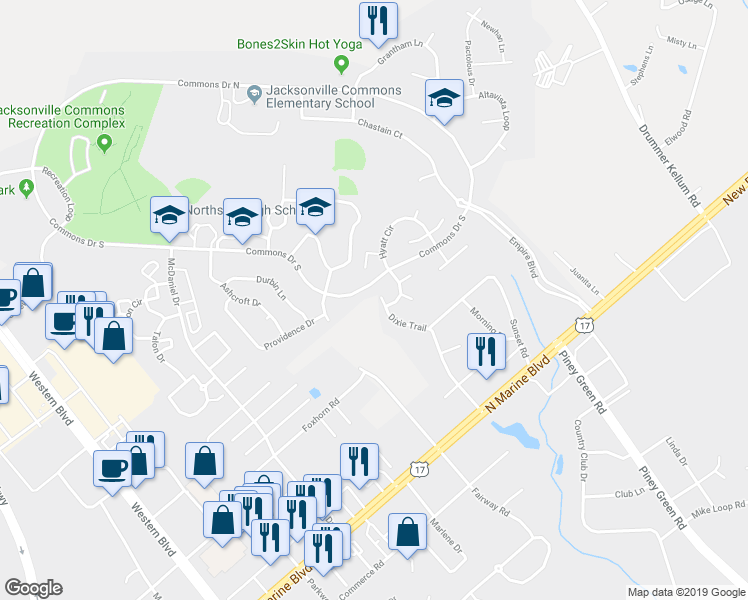 map of restaurants, bars, coffee shops, grocery stores, and more near 29 Dixie Trail in Jacksonville