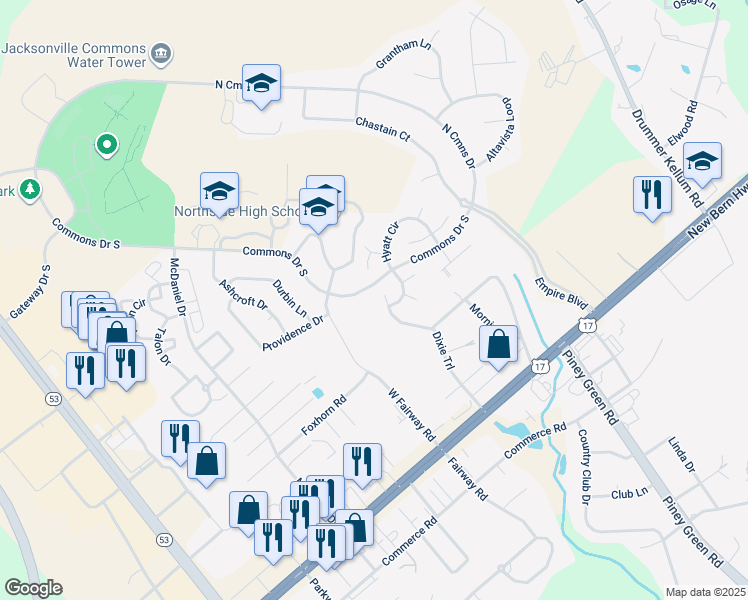 map of restaurants, bars, coffee shops, grocery stores, and more near 29 Dixie Trail in Jacksonville