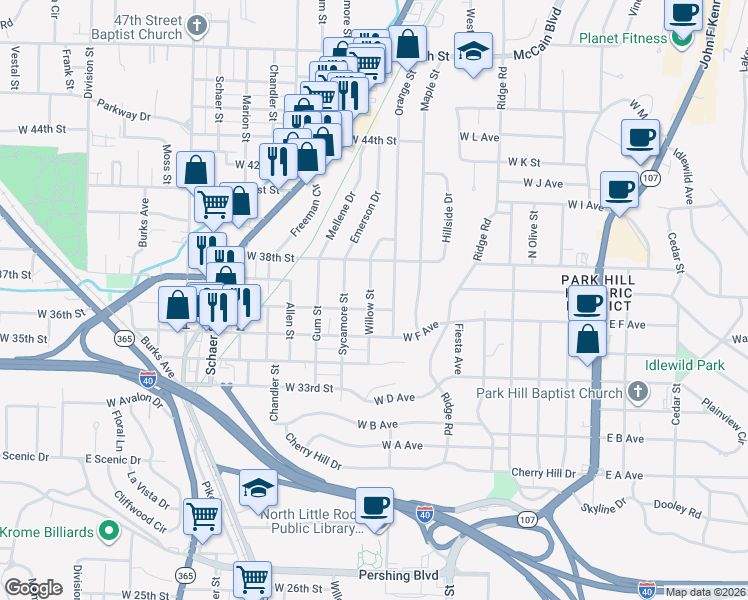 map of restaurants, bars, coffee shops, grocery stores, and more near 3625 Orange Street in North Little Rock