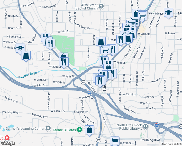 map of restaurants, bars, coffee shops, grocery stores, and more near 1209 West 36th Street in North Little Rock