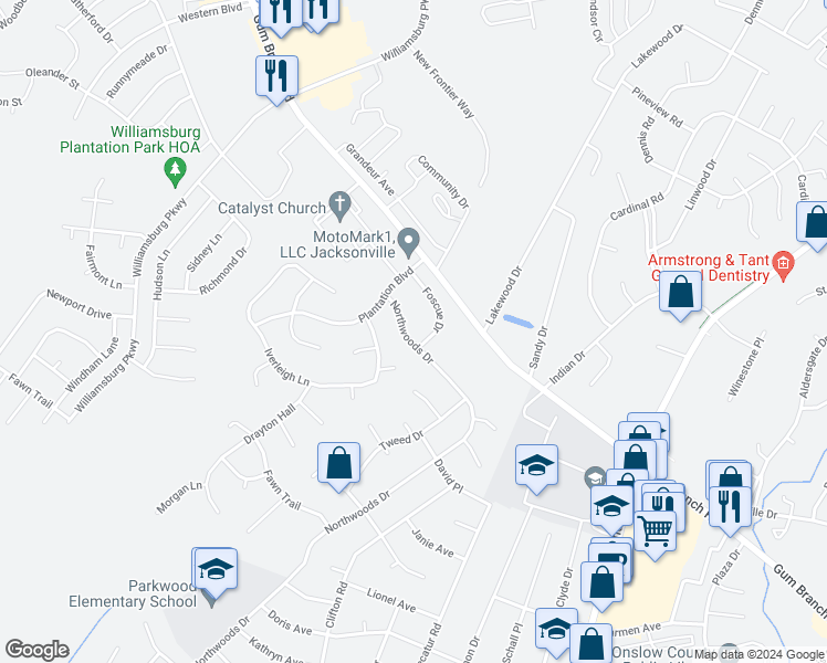 map of restaurants, bars, coffee shops, grocery stores, and more near 2463 Northwoods Drive in Jacksonville