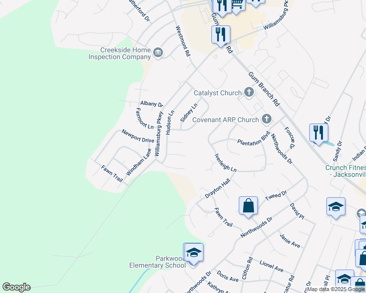 map of restaurants, bars, coffee shops, grocery stores, and more near 108 Fairfax Court in Jacksonville