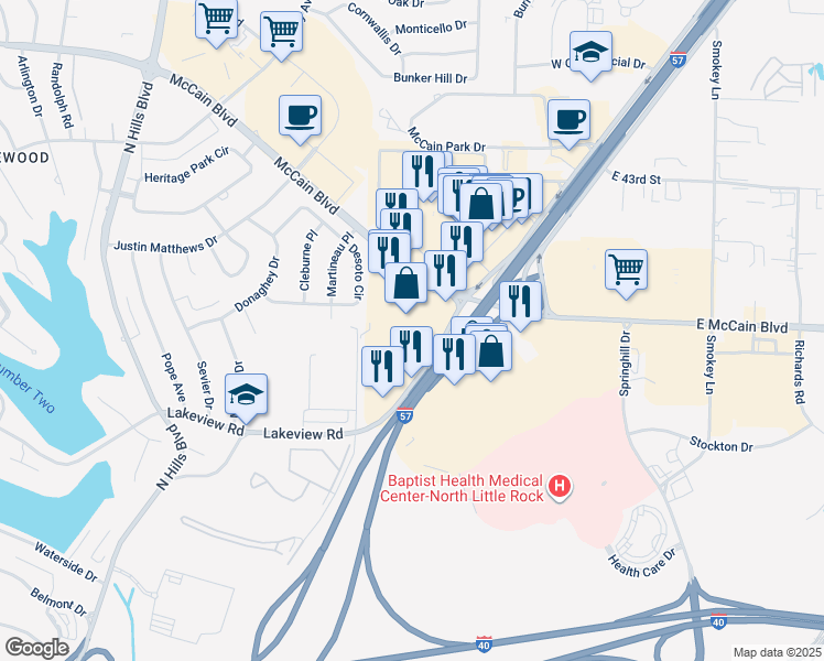 map of restaurants, bars, coffee shops, grocery stores, and more near 4000 McCain Boulevard in North Little Rock