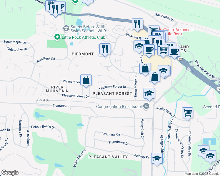 map of restaurants, bars, coffee shops, grocery stores, and more near 12106 Shawnee Forest Drive in Little Rock