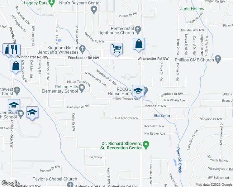 map of restaurants, bars, coffee shops, grocery stores, and more near 4006 Summerhill Drive Northwest in Huntsville