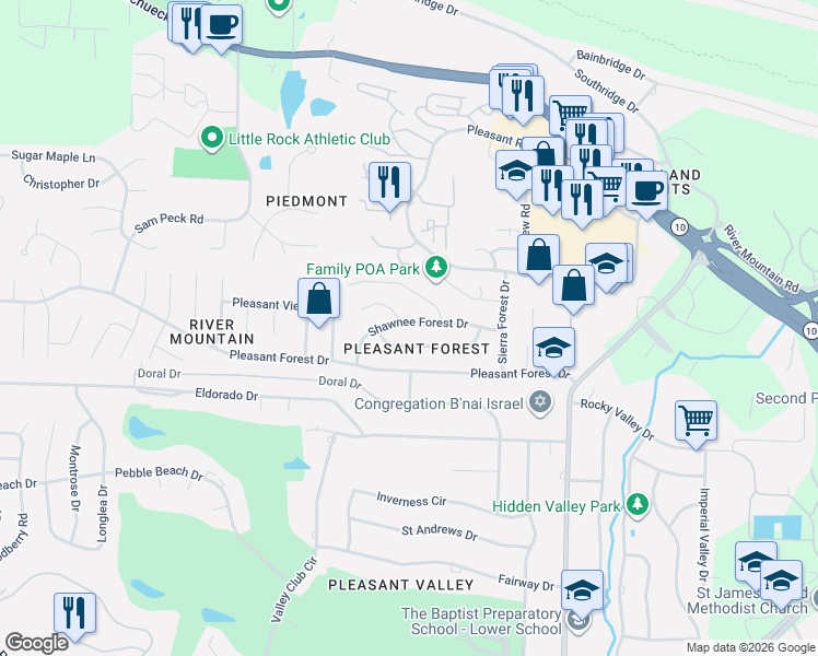 map of restaurants, bars, coffee shops, grocery stores, and more near 12106 Shawnee Forest Drive in Little Rock