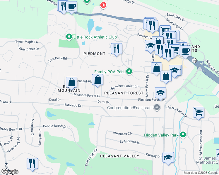 map of restaurants, bars, coffee shops, grocery stores, and more near 21 Shawnee Forest Cove in Little Rock