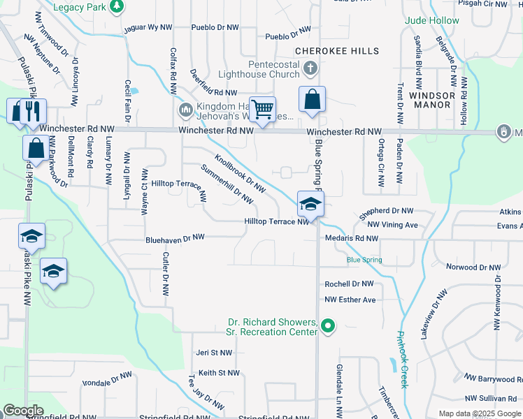 map of restaurants, bars, coffee shops, grocery stores, and more near 4006 Summerhill Drive Northwest in Huntsville