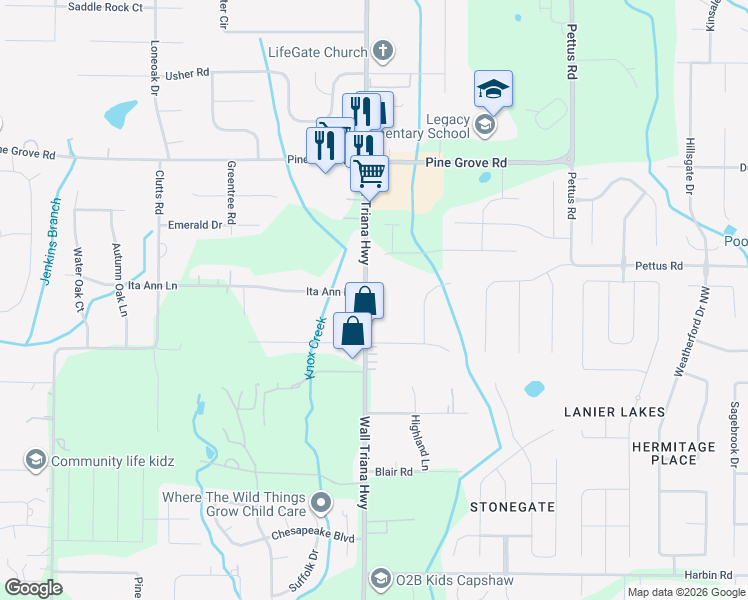 map of restaurants, bars, coffee shops, grocery stores, and more near 6983 Wall Triana Highway in Madison