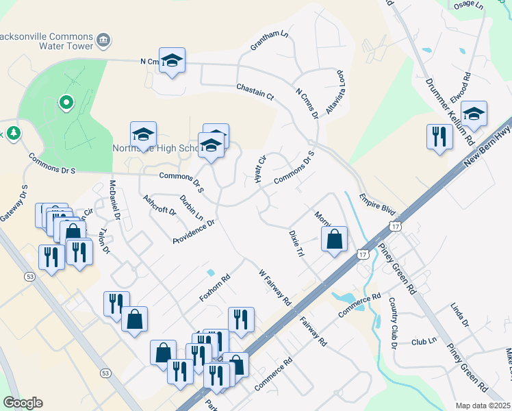map of restaurants, bars, coffee shops, grocery stores, and more near 26 Dixie Trail in Jacksonville