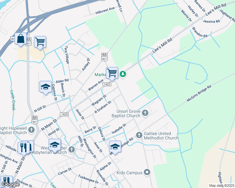 map of restaurants, bars, coffee shops, grocery stores, and more near 606 R Graham Street in Laurinburg