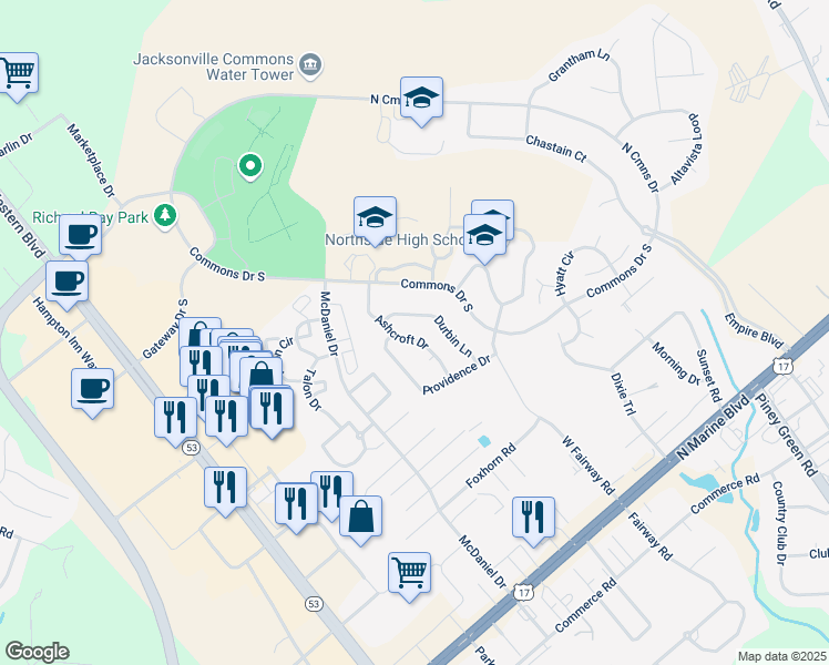 map of restaurants, bars, coffee shops, grocery stores, and more near 133 Durbin Lane in Jacksonville