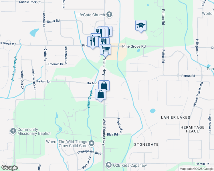map of restaurants, bars, coffee shops, grocery stores, and more near 6983 Wall Triana Highway in Madison