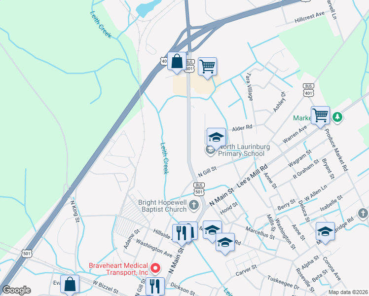 map of restaurants, bars, coffee shops, grocery stores, and more near 903 Aberdeen Rd in Laurinburg