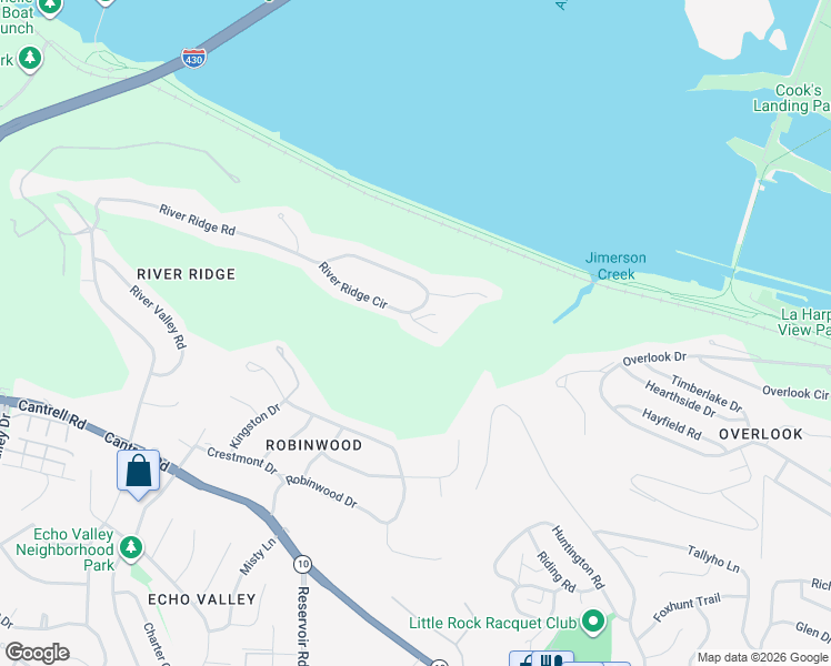 map of restaurants, bars, coffee shops, grocery stores, and more near 3 River Ridge Court in Little Rock