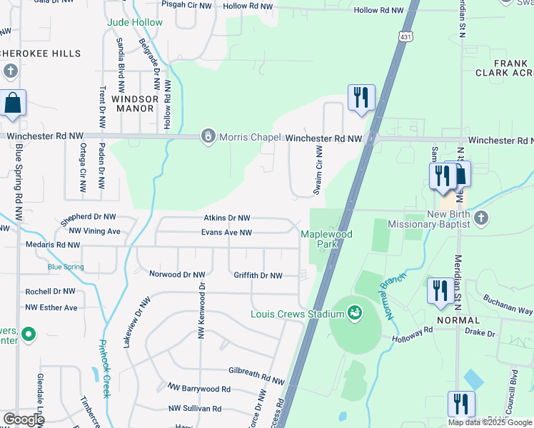 map of restaurants, bars, coffee shops, grocery stores, and more near 2124 Atkins Drive Northwest in Huntsville