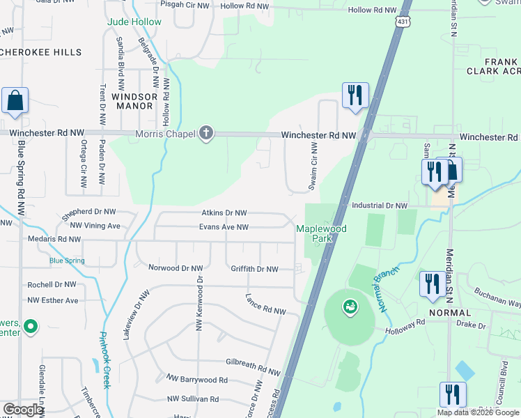 map of restaurants, bars, coffee shops, grocery stores, and more near 2132 Atkins Drive Northwest in Huntsville