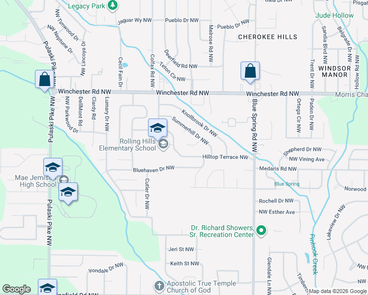 map of restaurants, bars, coffee shops, grocery stores, and more near 2824 Hilltop Terrace Northwest in Huntsville