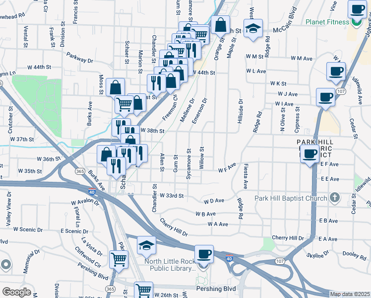 map of restaurants, bars, coffee shops, grocery stores, and more near 3624 Sycamore Street in North Little Rock