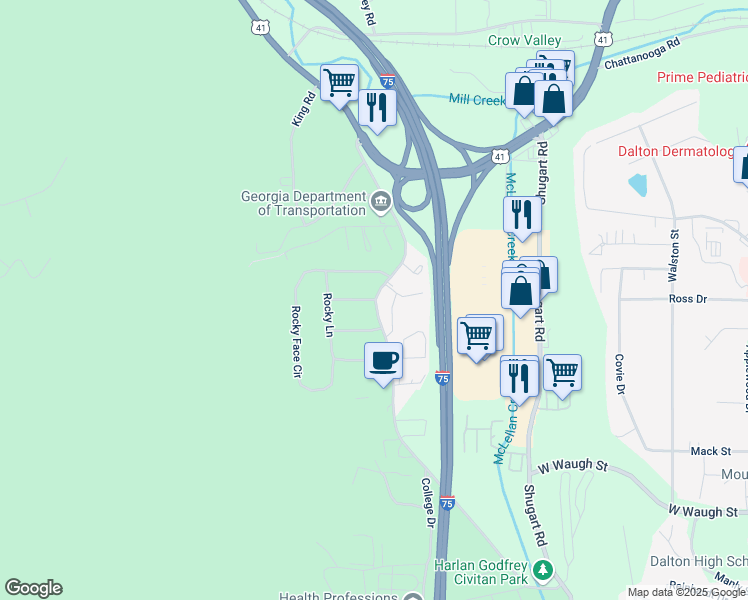 map of restaurants, bars, coffee shops, grocery stores, and more near 1089 North Tibbs Road in Dalton