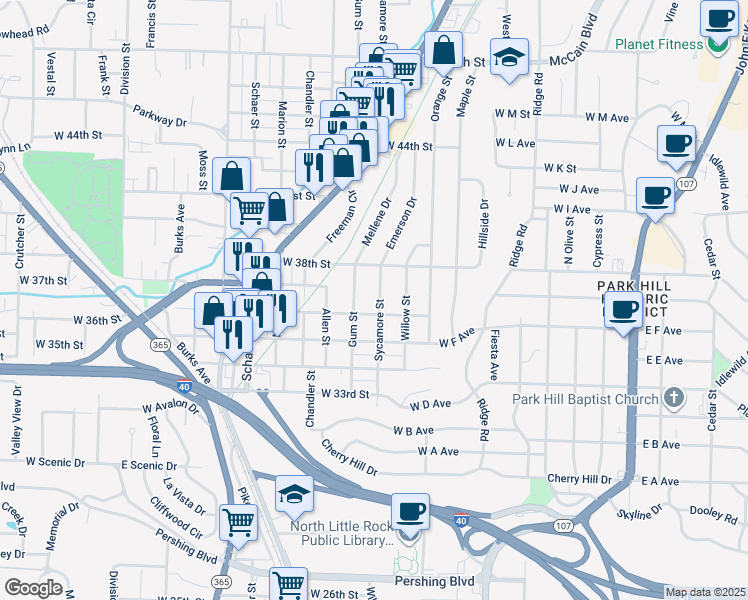 map of restaurants, bars, coffee shops, grocery stores, and more near 3619 Sycamore Street in North Little Rock