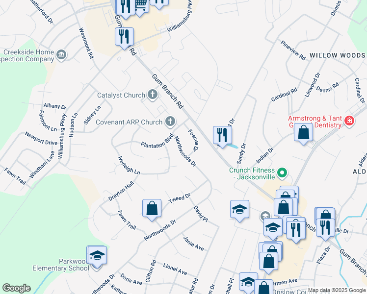 map of restaurants, bars, coffee shops, grocery stores, and more near 2461 Northwoods Drive in Jacksonville