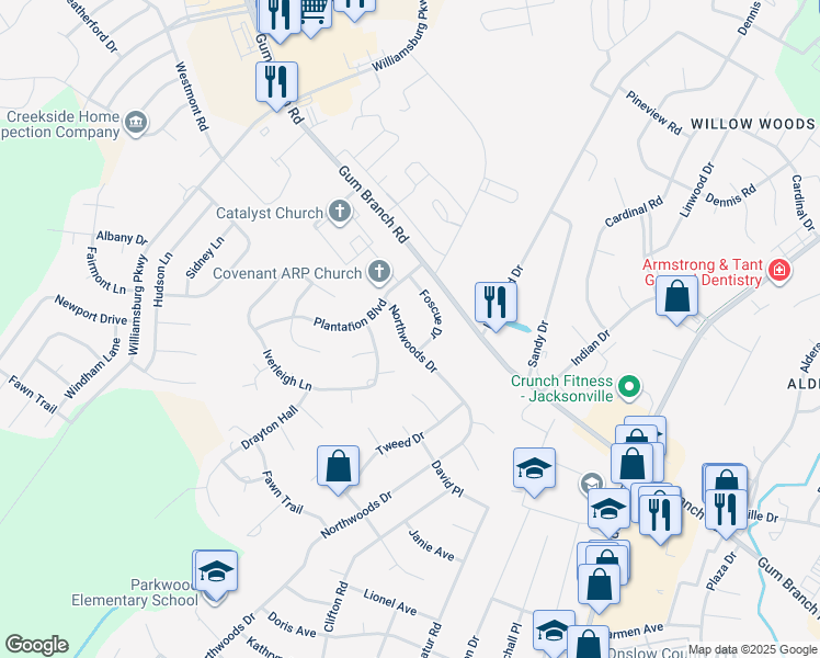 map of restaurants, bars, coffee shops, grocery stores, and more near 2461 Northwoods Drive in Jacksonville