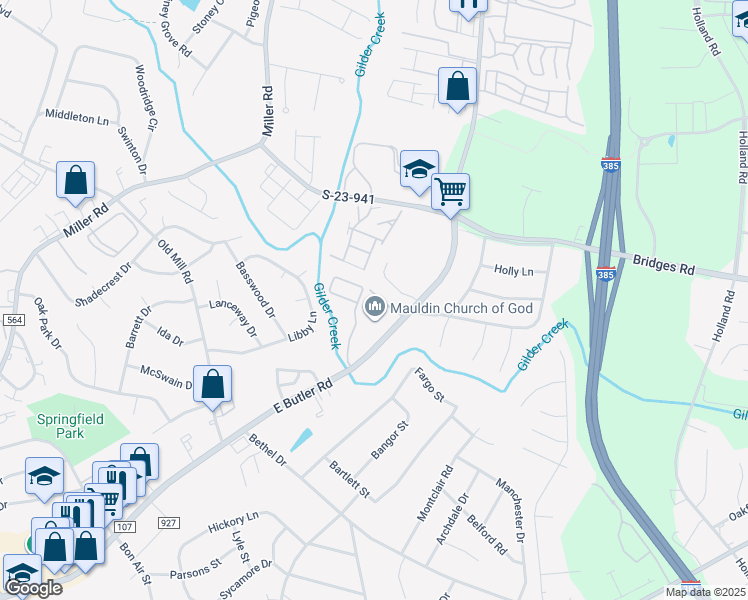 map of restaurants, bars, coffee shops, grocery stores, and more near 27 East Butler Road in Mauldin