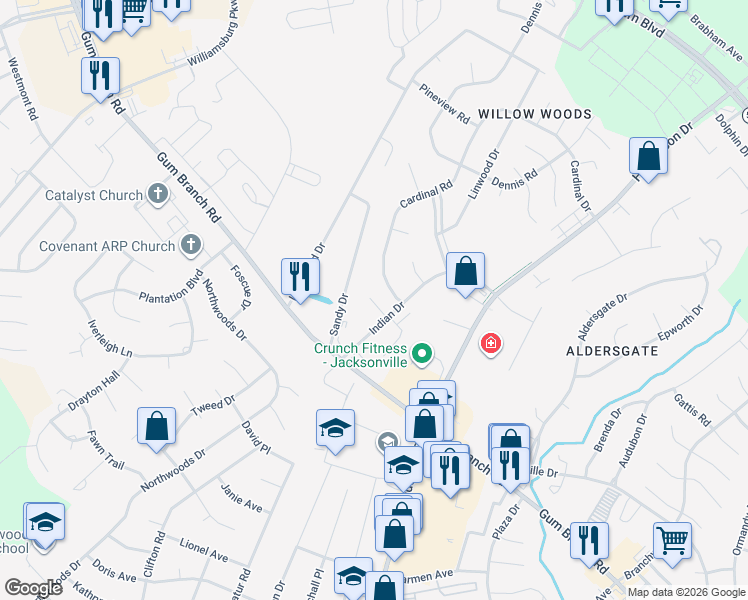 map of restaurants, bars, coffee shops, grocery stores, and more near 132 Sandy Drive in Jacksonville