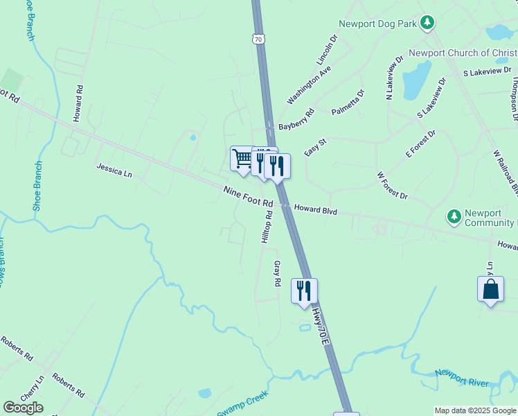 map of restaurants, bars, coffee shops, grocery stores, and more near 175 Nine Foot Road in Newport