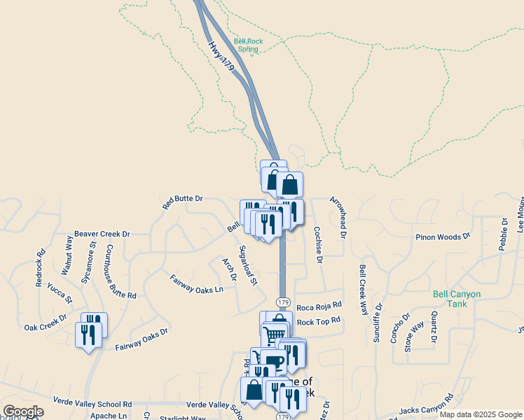 map of restaurants, bars, coffee shops, grocery stores, and more near 135 Canyon Circle Drive in Sedona