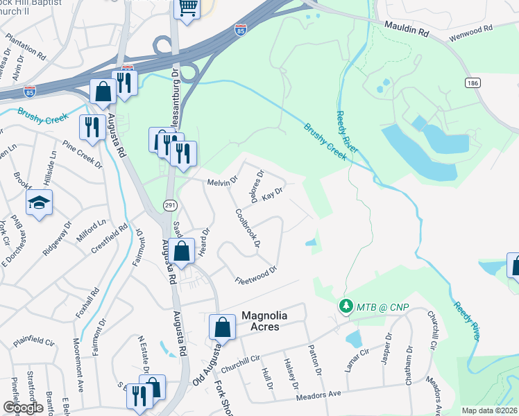 map of restaurants, bars, coffee shops, grocery stores, and more near 14 Kay Drive in Greenville