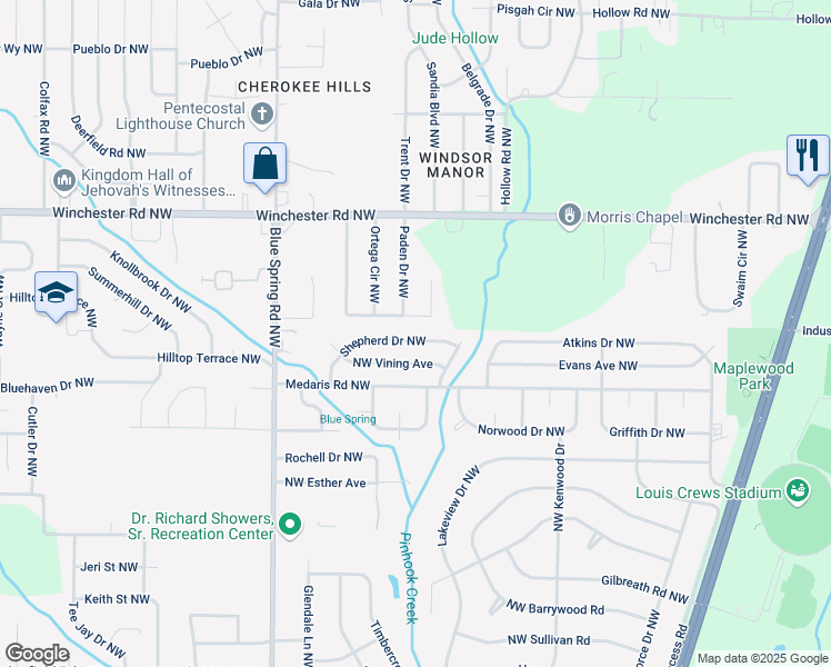 map of restaurants, bars, coffee shops, grocery stores, and more near 2400 Larkwood Circle Northwest in Huntsville