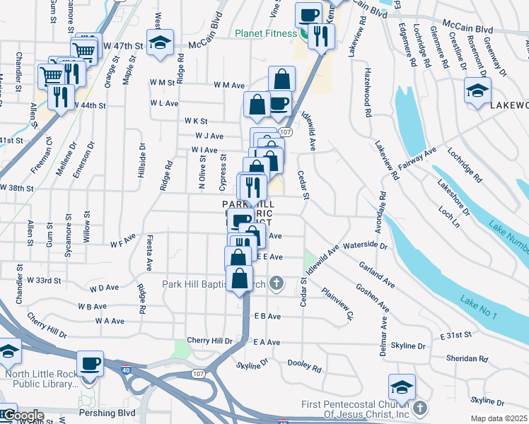 map of restaurants, bars, coffee shops, grocery stores, and more near 201 East G Avenue in North Little Rock