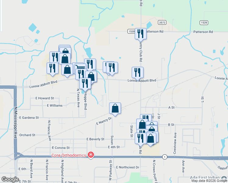 map of restaurants, bars, coffee shops, grocery stores, and more near 1419 North Country Club Road in Ada