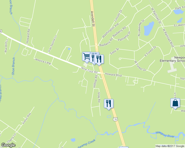 map of restaurants, bars, coffee shops, grocery stores, and more near 175 Nine Foot Road in Newport