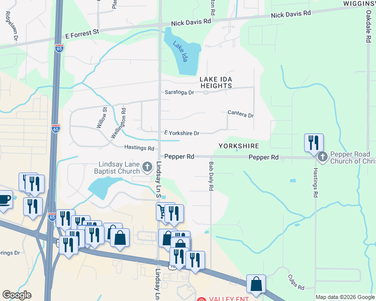 map of restaurants, bars, coffee shops, grocery stores, and more near 22135 Pepper Road in Athens