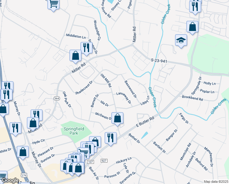 map of restaurants, bars, coffee shops, grocery stores, and more near 110 Quaker Court in Mauldin