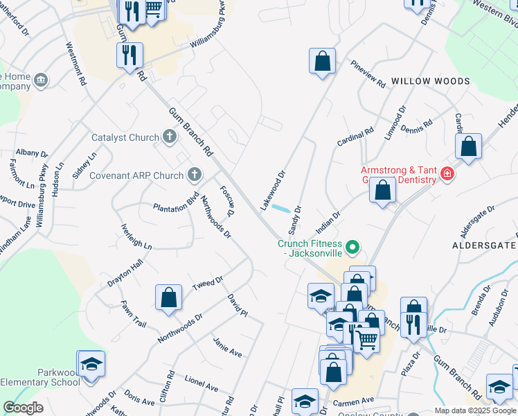 map of restaurants, bars, coffee shops, grocery stores, and more near 1900 Gum Branch Road in Jacksonville
