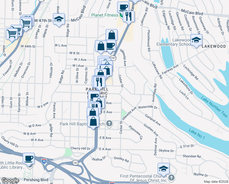 map of restaurants, bars, coffee shops, grocery stores, and more near 223 East G Avenue in North Little Rock