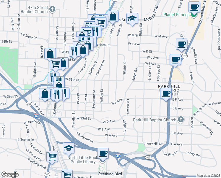 map of restaurants, bars, coffee shops, grocery stores, and more near 3625 Orange Street in North Little Rock