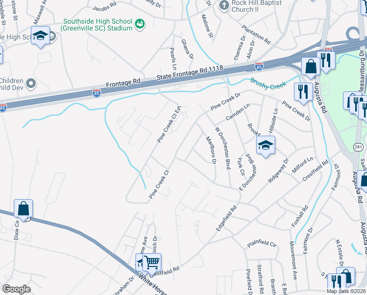 map of restaurants, bars, coffee shops, grocery stores, and more near 819 Pine Creek Drive in Greenville