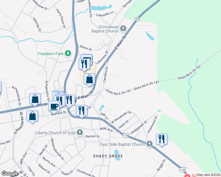 map of restaurants, bars, coffee shops, grocery stores, and more near 106 Garden Spot Circle in Liberty