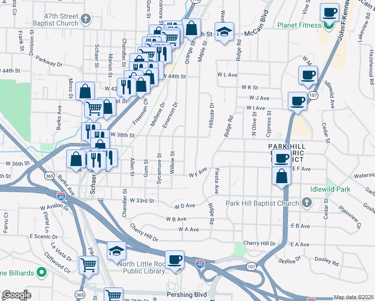 map of restaurants, bars, coffee shops, grocery stores, and more near 3625 Orange Street in North Little Rock